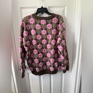 Entro Floral Patterned Pink and Brown Sweater